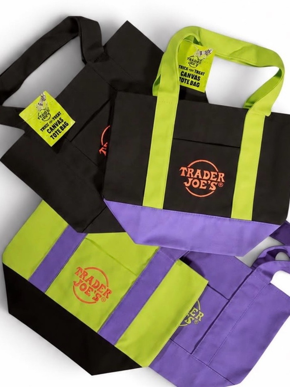 Trader Joe's Trick or Treat Canvas Tote Bag Set Black & Purple